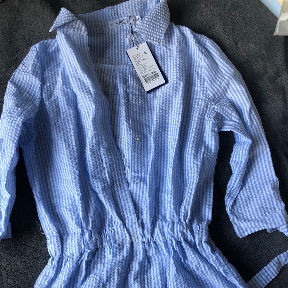 Button down blue and white pinstriped dress